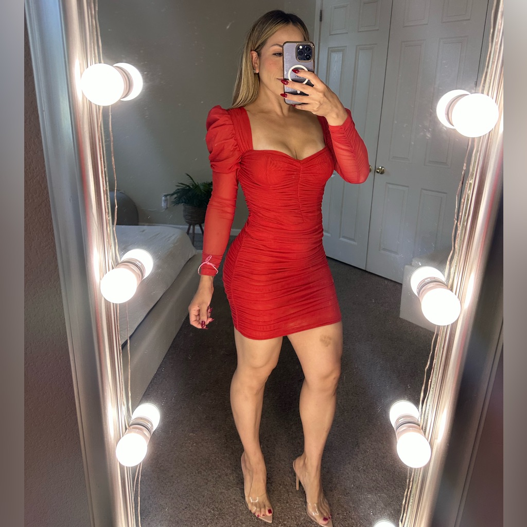 Sheer Mesh Red Mini Dress With Long Sleeves.